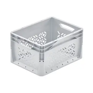 Lightline storage crate, 400x300x220 mm, perforated bottom and sides, open tongue