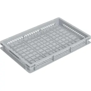 Newbox storage box, 600x400x75 mm, closed lid, perforated bottom and sides, grey