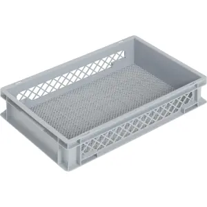 Newbox tárolóláda, 600x400x120 mm, zárt fül, 2 hosszanti oldalon és alján perforált, szürke