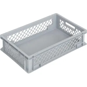 Newbox tárolóláda, 600x400x150 mm, nyitott fül, perforált oldalak, szürke