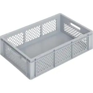 Newbox tárolóláda, 600x400x170 mm, nyitott fül, perforált oldalak, szürke