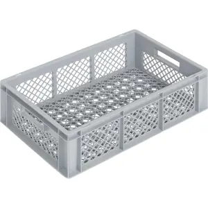 Newbox tárolóláda, 600x400x170 mm, nyitott fül, perforált alj és oldalak, szürke