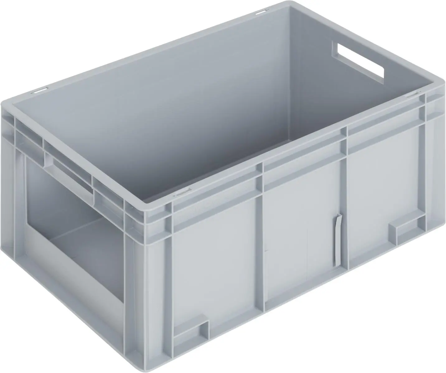 Newbox storage box, 600x400x280 mm, open tab, with pull-out opening on short side, grey