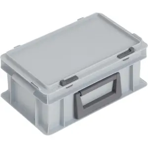 Newbox storage box with hinged lid, 300x200x133 mm, 1 long side with handle, grey