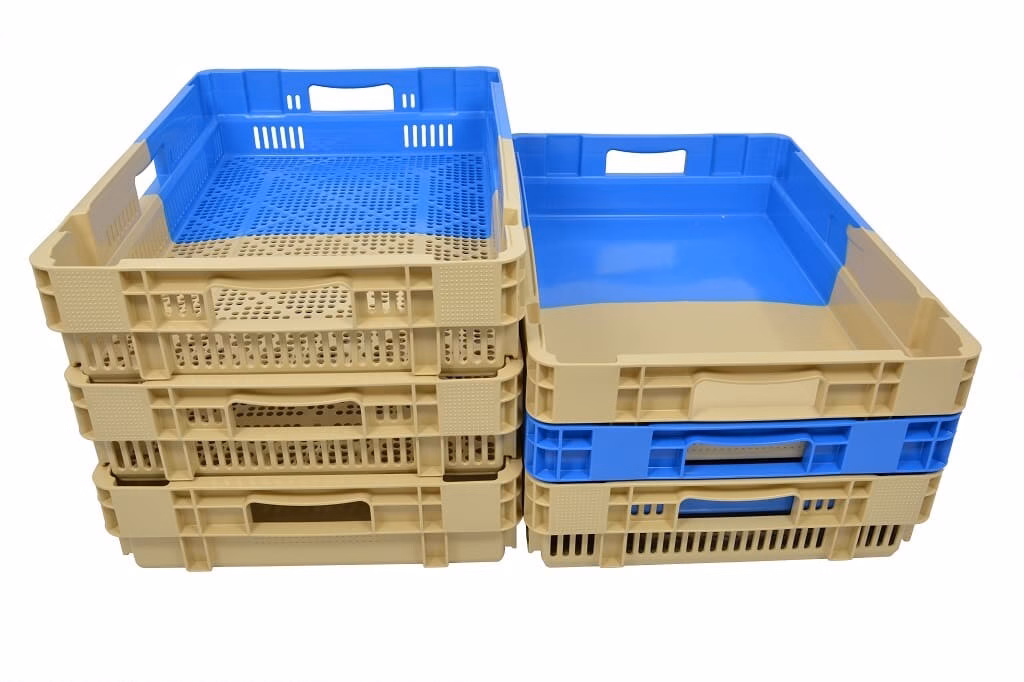 Stack and Nest bi-colour crate, 600x400x123 mm, 50% collapsible, open tab, blue/brown - Image 2