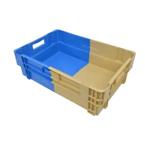Stack and Nest bi-colour crate, 600x400x184 mm, 50% collapsible, open tab, blue/brown