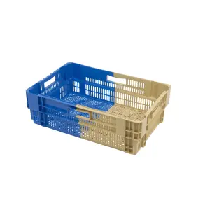 Stack and Nest bi-colour crate, 600x400x188 mm, perforated bottom and sides, 50% folding, blue/brown