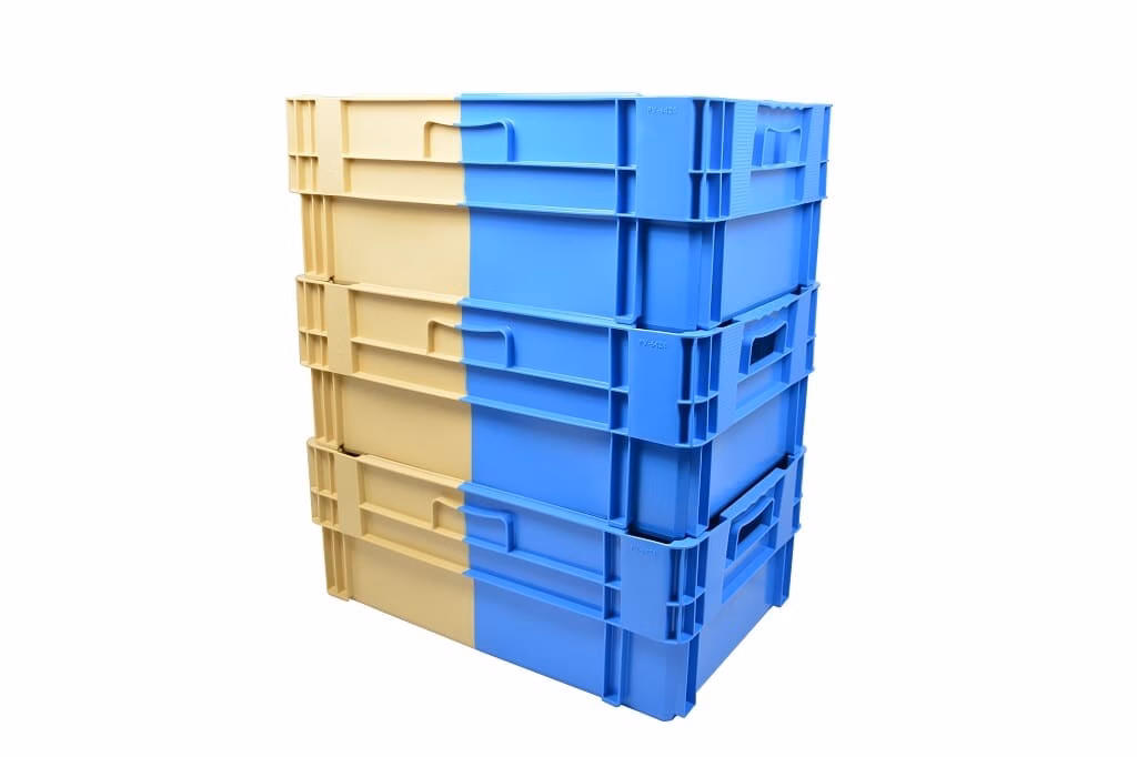Stack and Nest bi-colour crate, 600x400x241 mm, 50% collapsible, open tab, blue/brown - Image 2