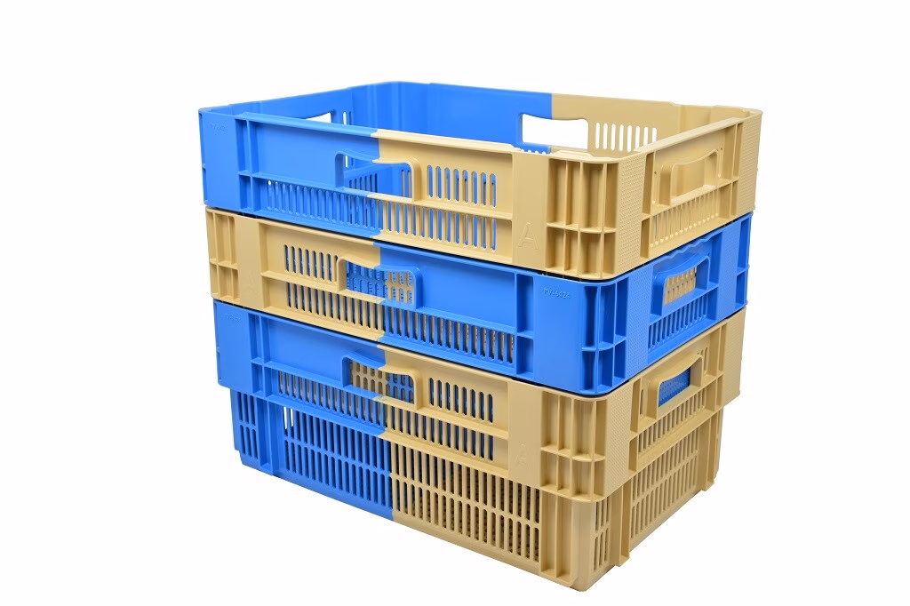 Stack and Nest bi-colour crate, 600x400x246 mm, perforated bottom and sides, 50% folding, blue/brown - Image 2