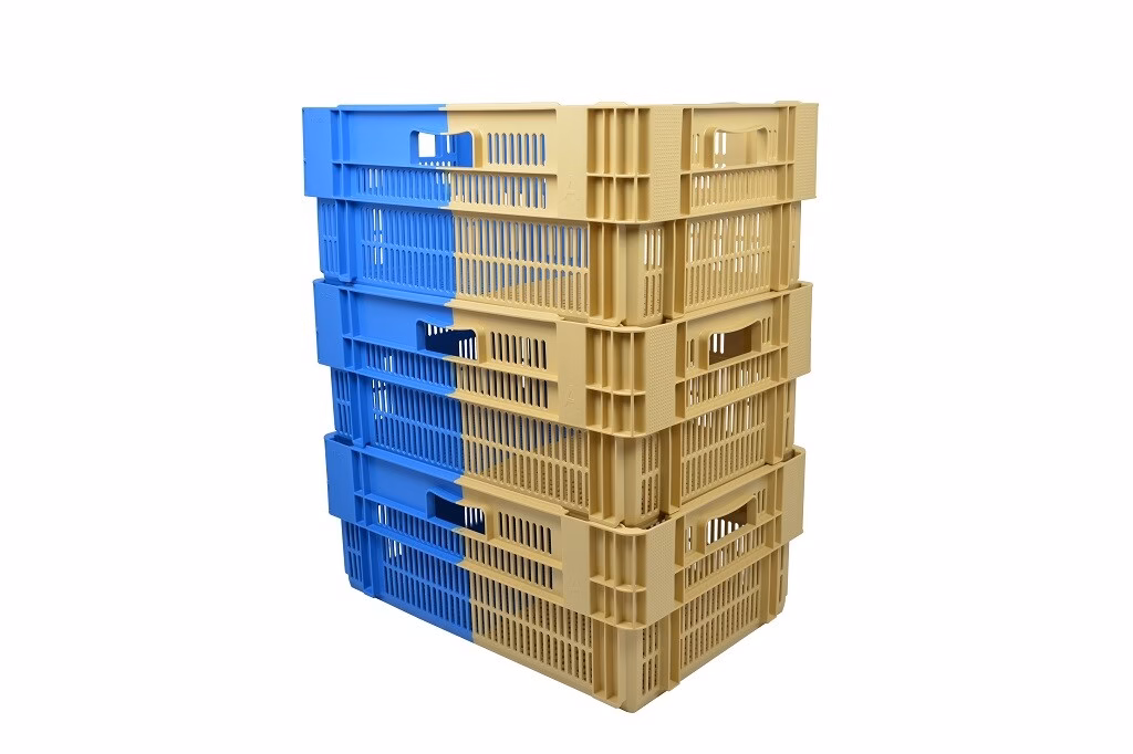 Stack and Nest bi-colour crate, 600x400x246 mm, perforated bottom and sides, 50% folding, blue/brown - Image 3