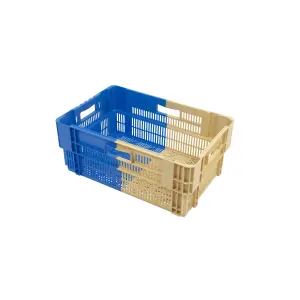 Stack and Nest bi-colour crate, 600x400x246 mm, perforated bottom and sides, 50% folding, blue/brown