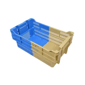 Stack and Nest bi-color láda, 500x300x210 mm, perforált oldalak, 50%-os összeüléssel, kék/barna