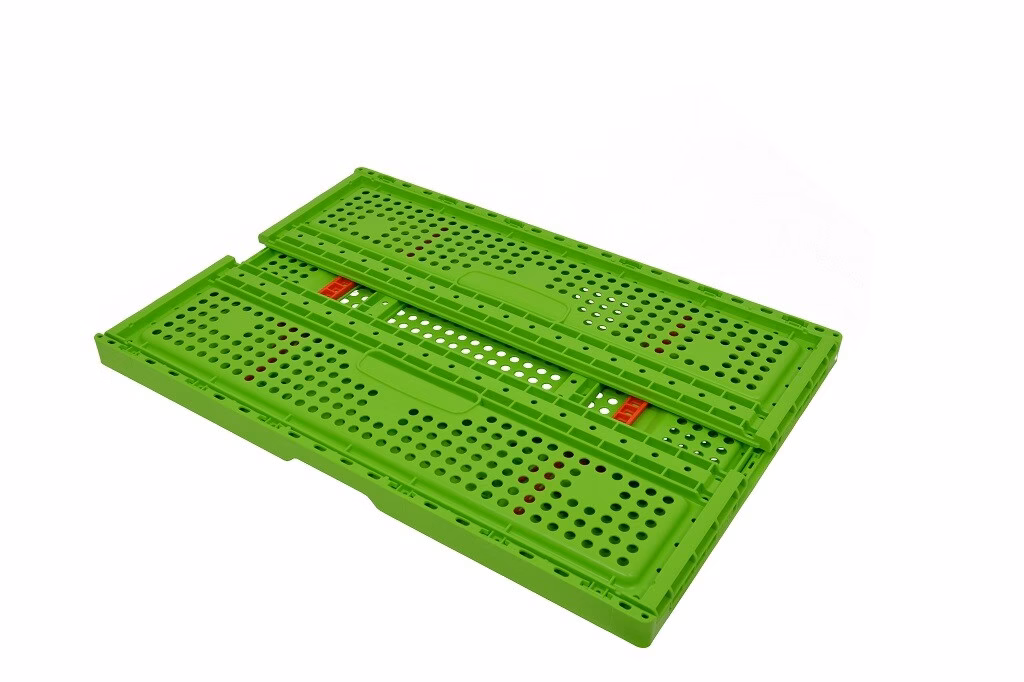 Foldable storage box, 600x400x200 mm, perforated bottom and sides, open tongue, green - Image 2