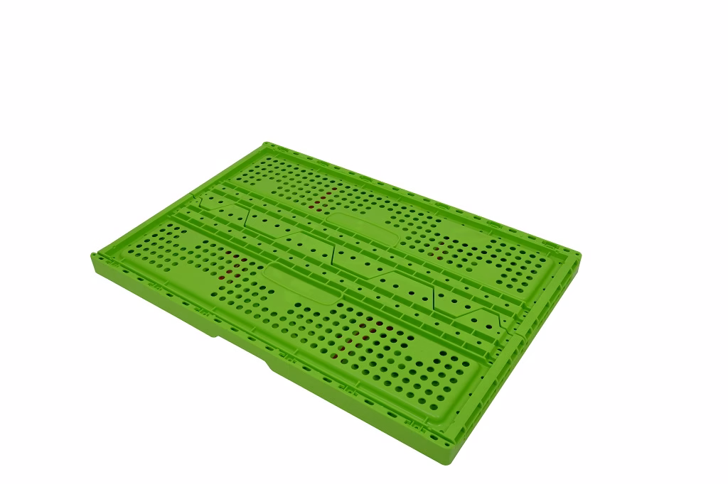 Foldable storage box, 600x400x240 mm, perforated bottom and sides, open tongue, green - Image 2