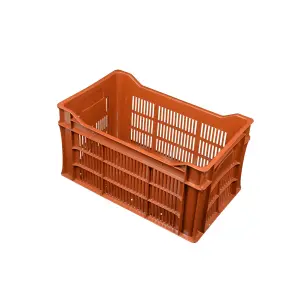 Zöldség és gyümölcs tárolóláda, 500x300x265 mm, perforált oldal, zárt, hullámos alj, zárt fül, vízelvezető furatok, barna