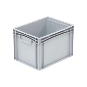 Basicline storage crate, 400x300x270 mm, perforated bottom and sides, open handgrips