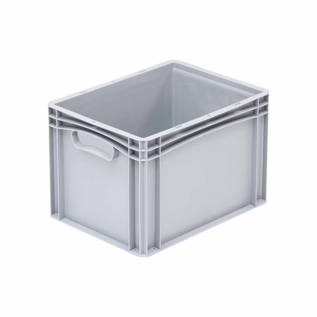 Basicline storage crate, 400x300x270 mm, perforated bottom and sides, open handgrips