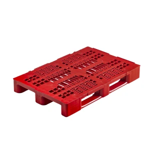 Medium piros színű raklap, 1200x800x148 mm, 3 csúszótalpas, rácsos felület, peremmel