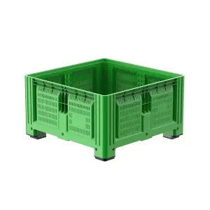 Rigid container with 4 legs, 1125x1125x630 mm; with perforated sides and bottom