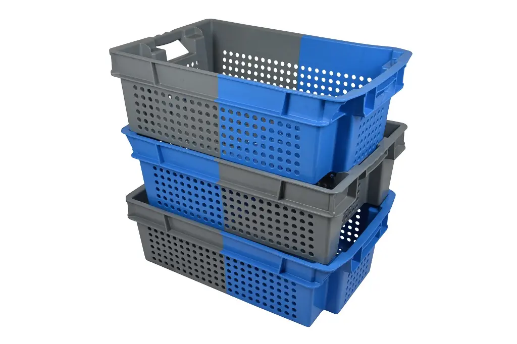 Stack and Nest bi-color láda, 600x400x200 mm, 70%-os összeüléssel, perforált alj és oldalak, nyitott fül, kék vagy piros/szürke - Image 3