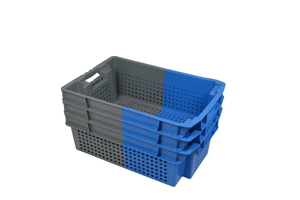 Stack and Nest bi-color láda, 600x400x200 mm, 70%-os összeüléssel, perforált alj és oldalak, nyitott fül, kék vagy piros/szürke - Image 4