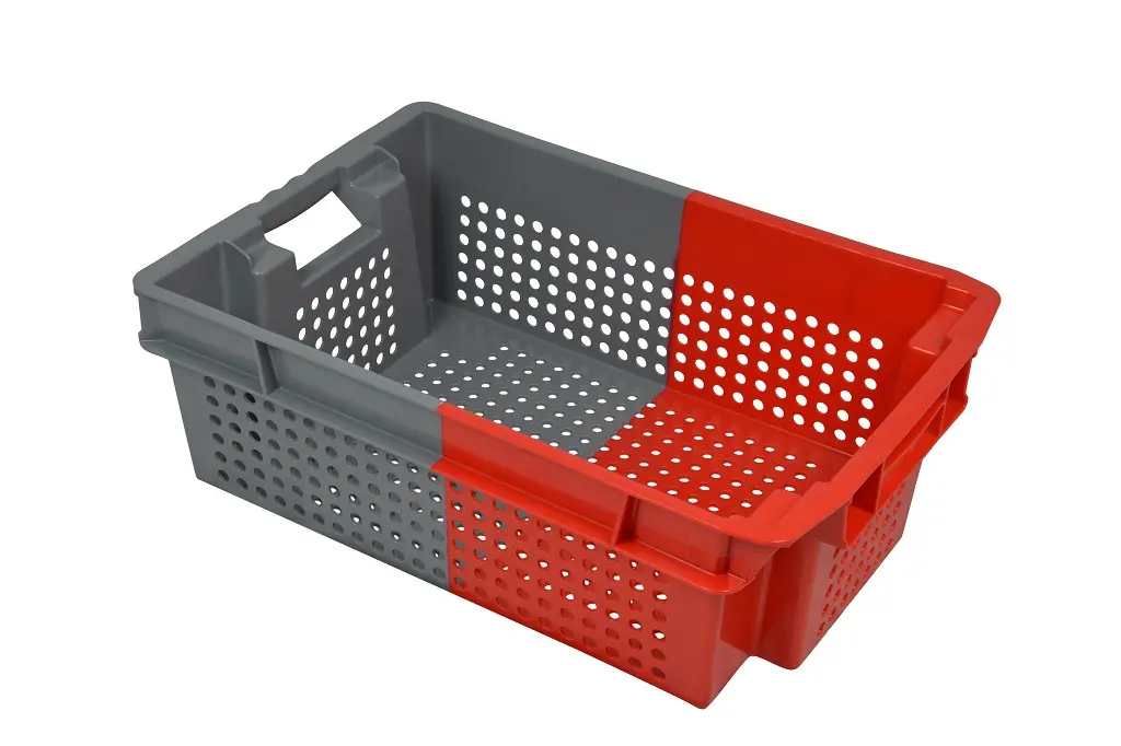 Stack and Nest bi-color láda, 600x400x200 mm, 70%-os összeüléssel, perforált alj és oldalak, nyitott fül, kék vagy piros/szürke