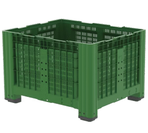 Merevfalú konténer 4 lábbal, 1200x1000x785 mm; perforált oldalakkal és aljjal, zöld