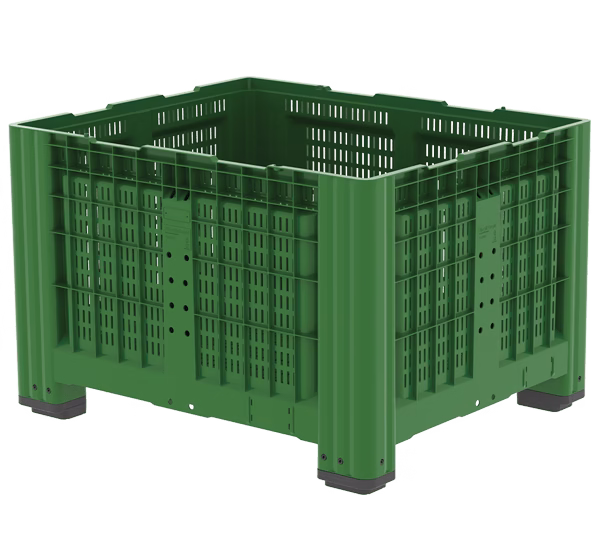 Merevfalú konténer 4 lábbal, 1200x1000x785 mm; perforált oldalakkal és aljjal, zöld
